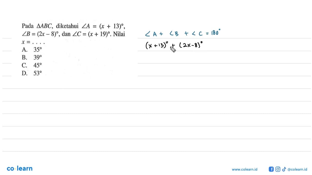 Pada segitiga ABC, diketahui sudut A=(x+13), sudut