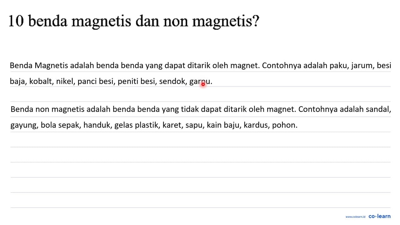 10 benda magnetis dan non magnetis?