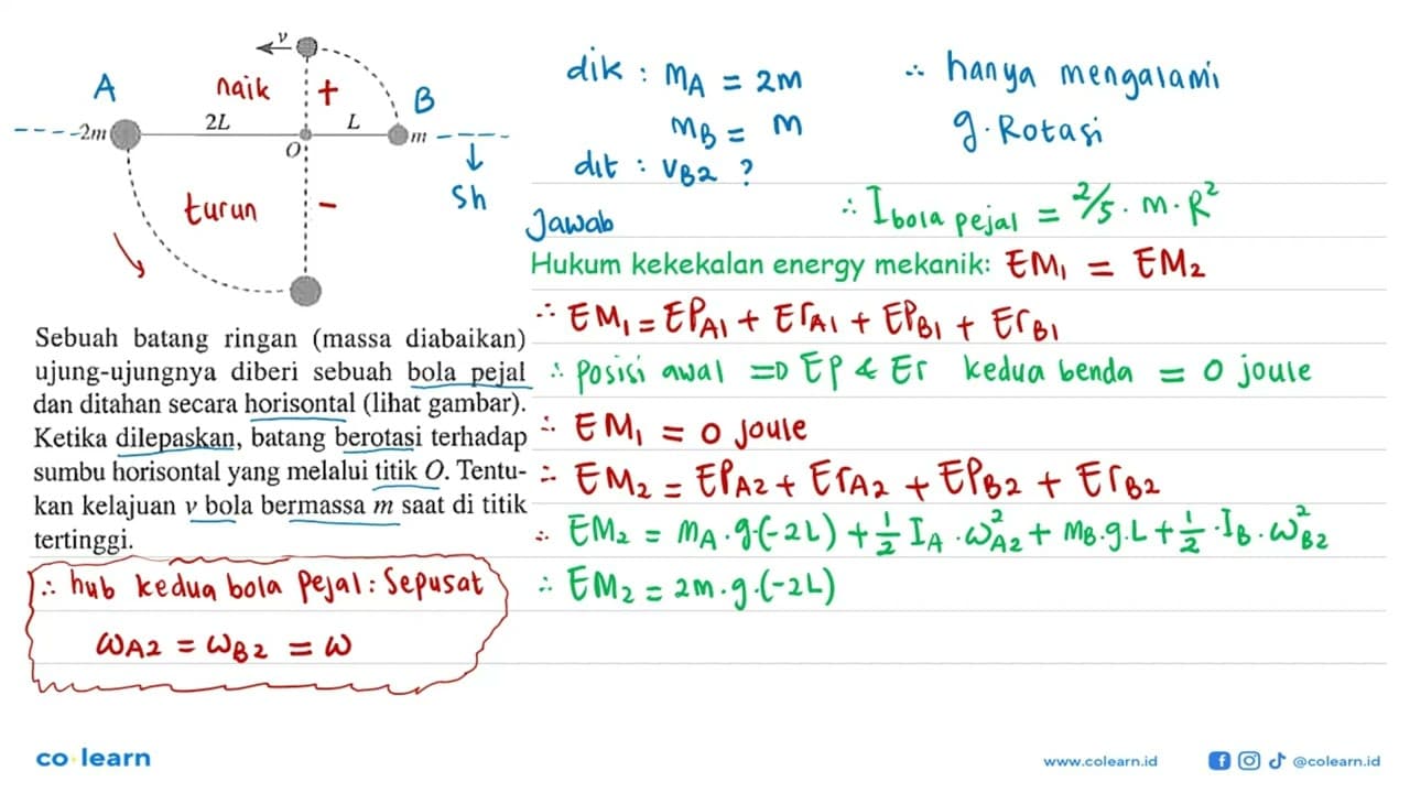 v L O 2L 2m m Sebuah batang ringan (massa diabaikan)