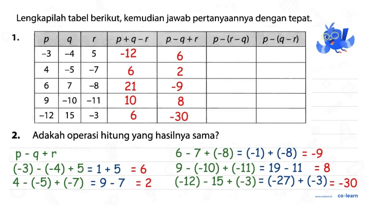 1. p q r p + q - r p - q + r p - (r - q) p - (q - r) -3 -4