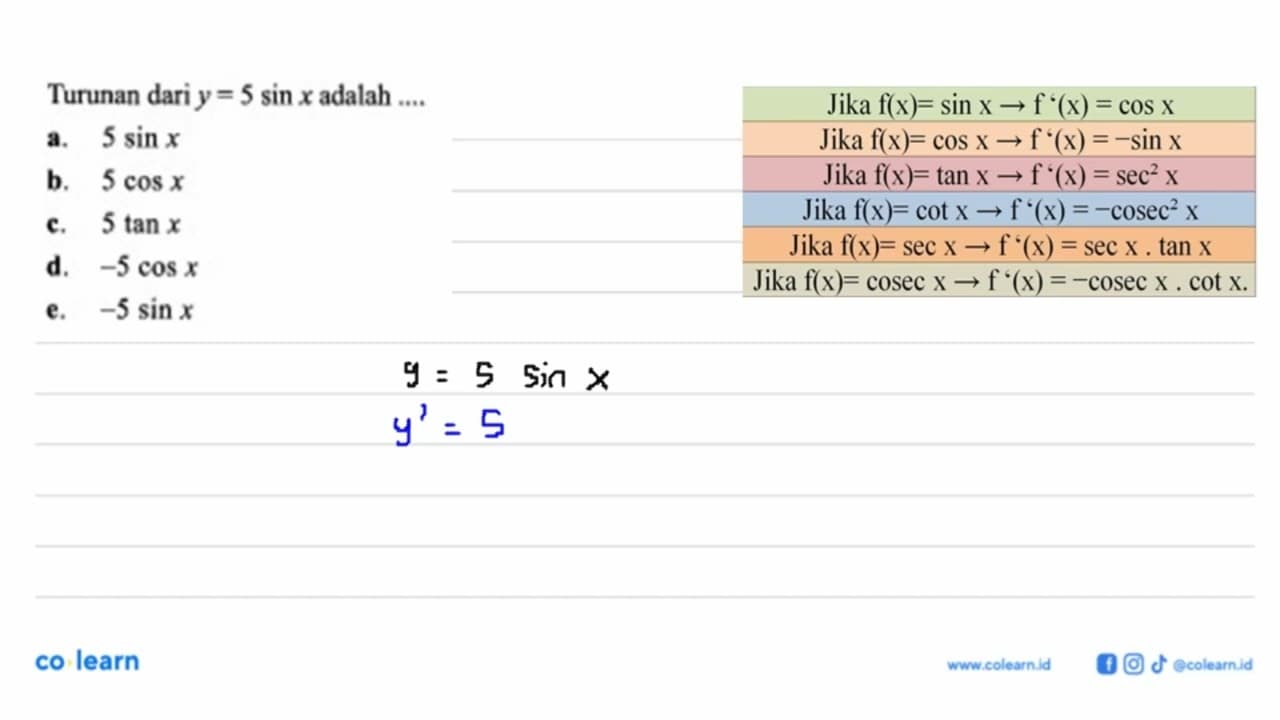 Turunan dari y = 5 sin x adalah....