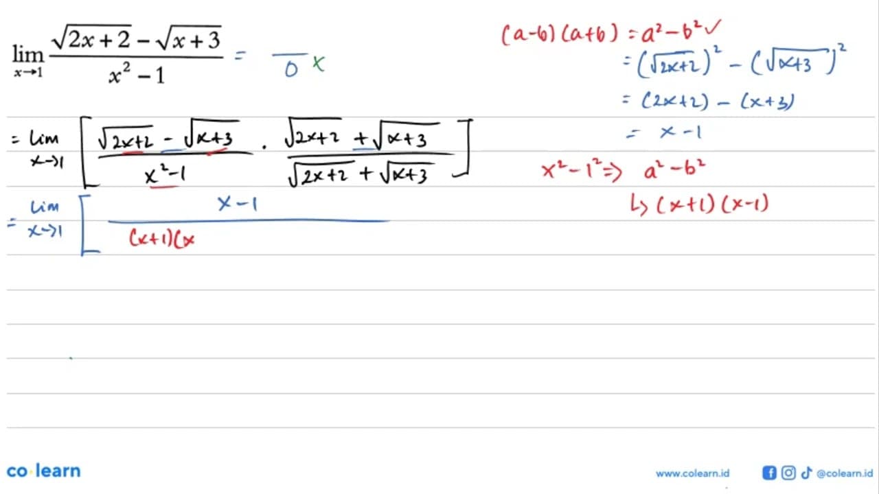 limit x->1 (akar (2x+2)-akar (x+3))/(x^2-1)