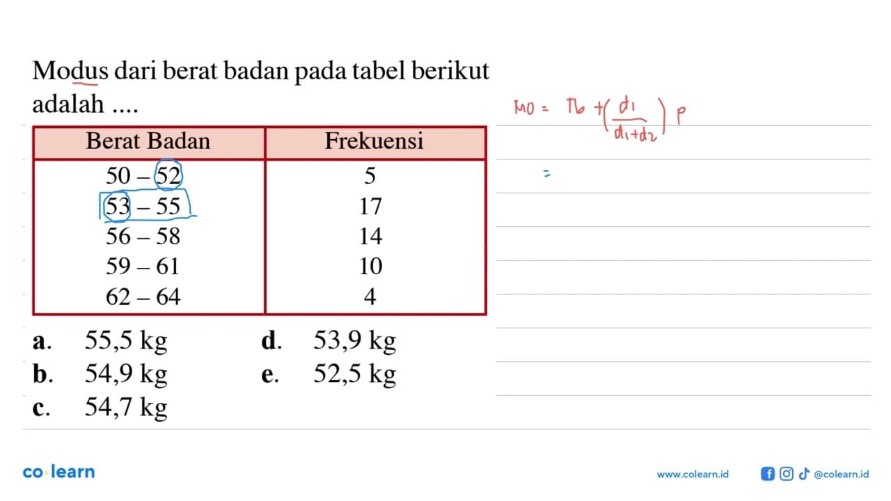 Modus dari berat badan pada tabel berikut adalah .... Berat