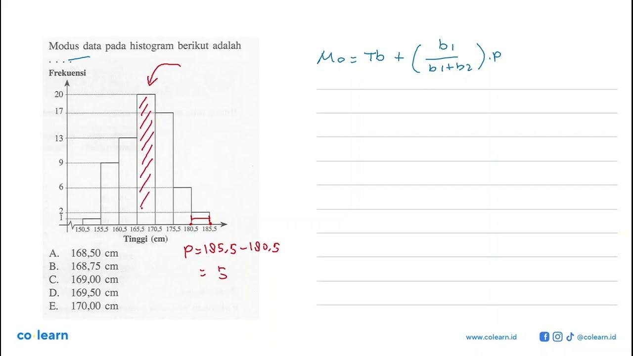 Modus data pada histogram berikut adalah Frekuensi 20 17 13