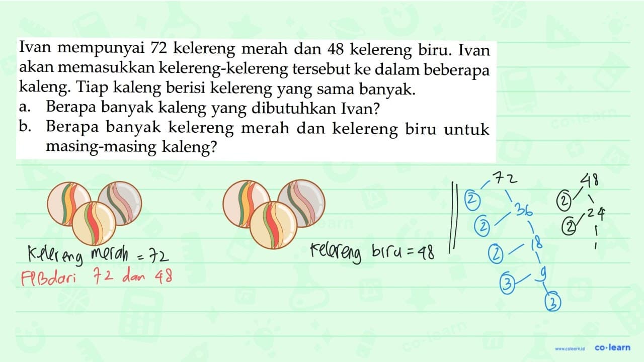 Ivan mempunyai 72 kelereng merah dan 48 kelereng biru. Ivan