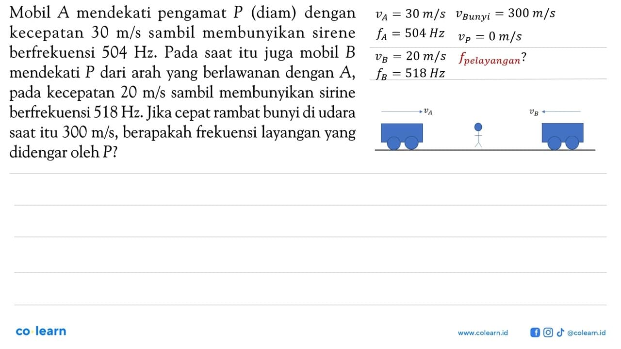 Mobil A mendekati pengamat P (diam) dengan kecepatan 30 m/s