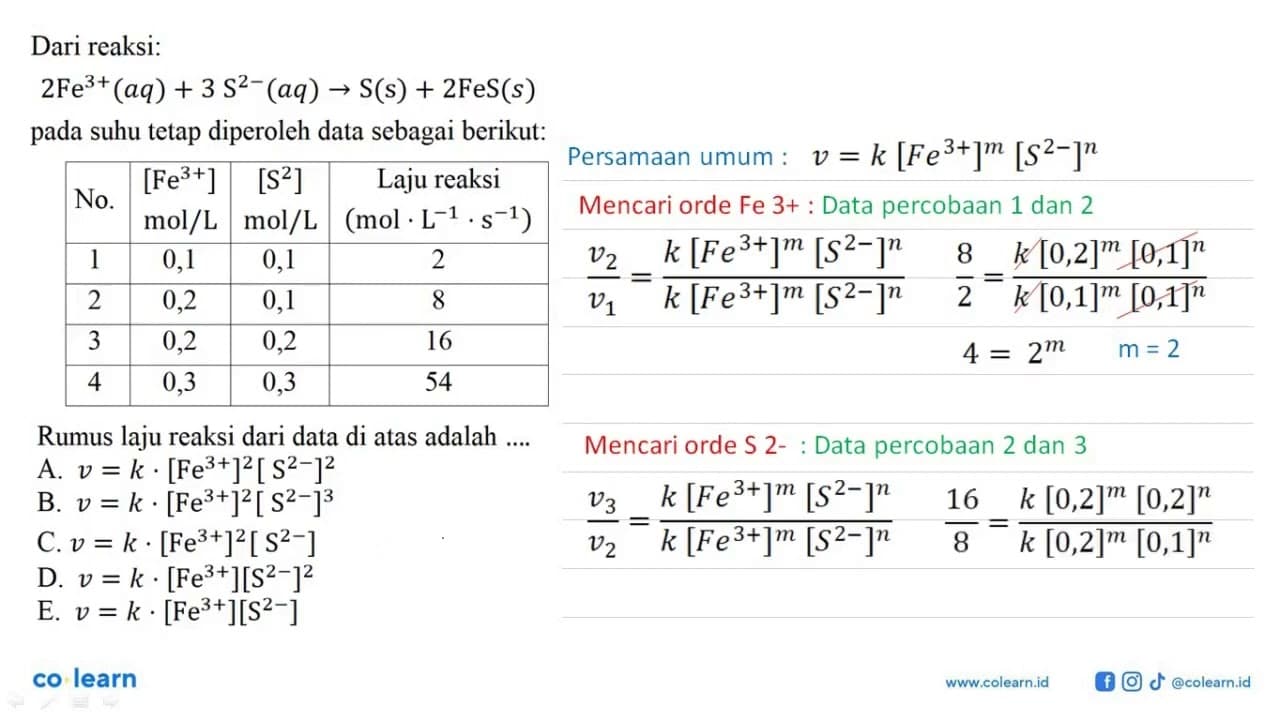 Dari reaksi: 2Fe^3+(aq)+3S^2-(aq) -> S(s)+2FeS(s) pada suhu