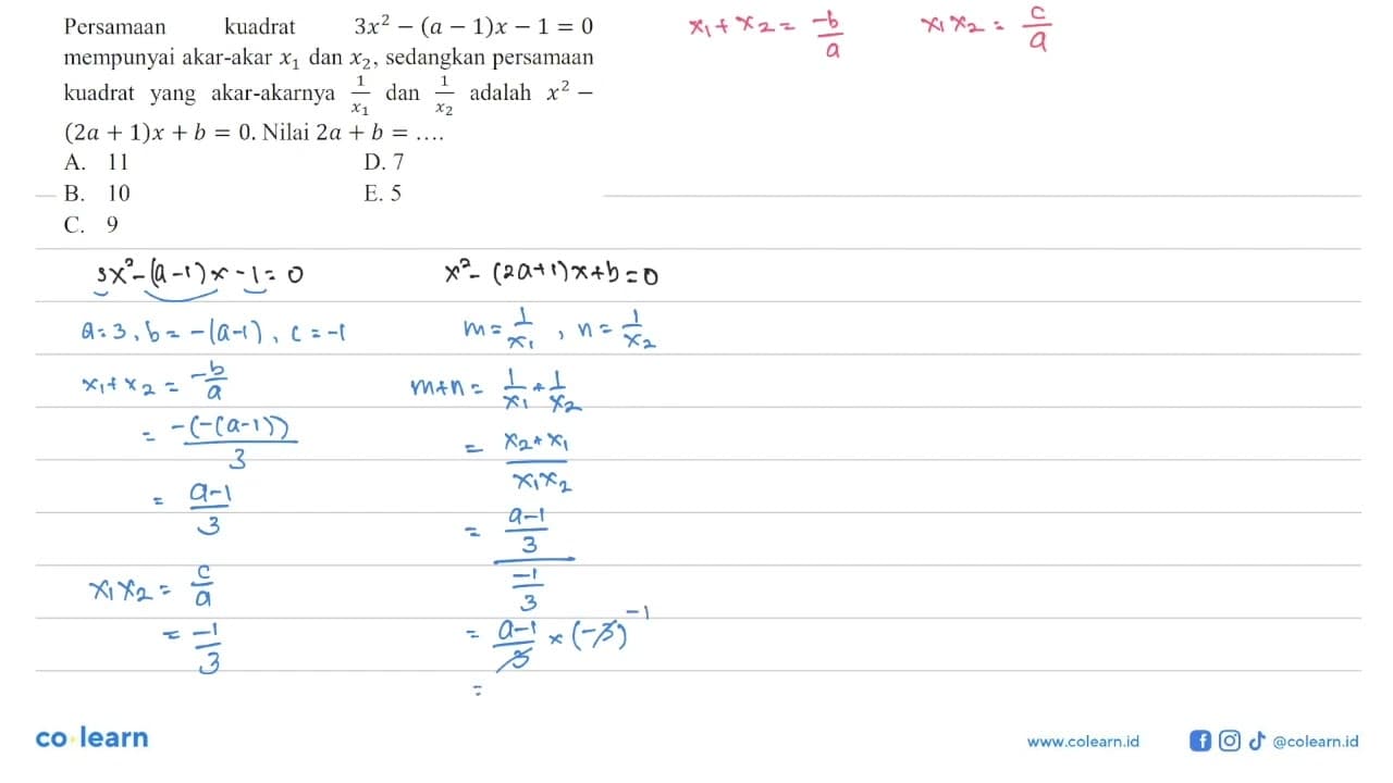 Persamaan kuadrat 3x^2 - (a - 1)x - 1 = 0 mempunyai