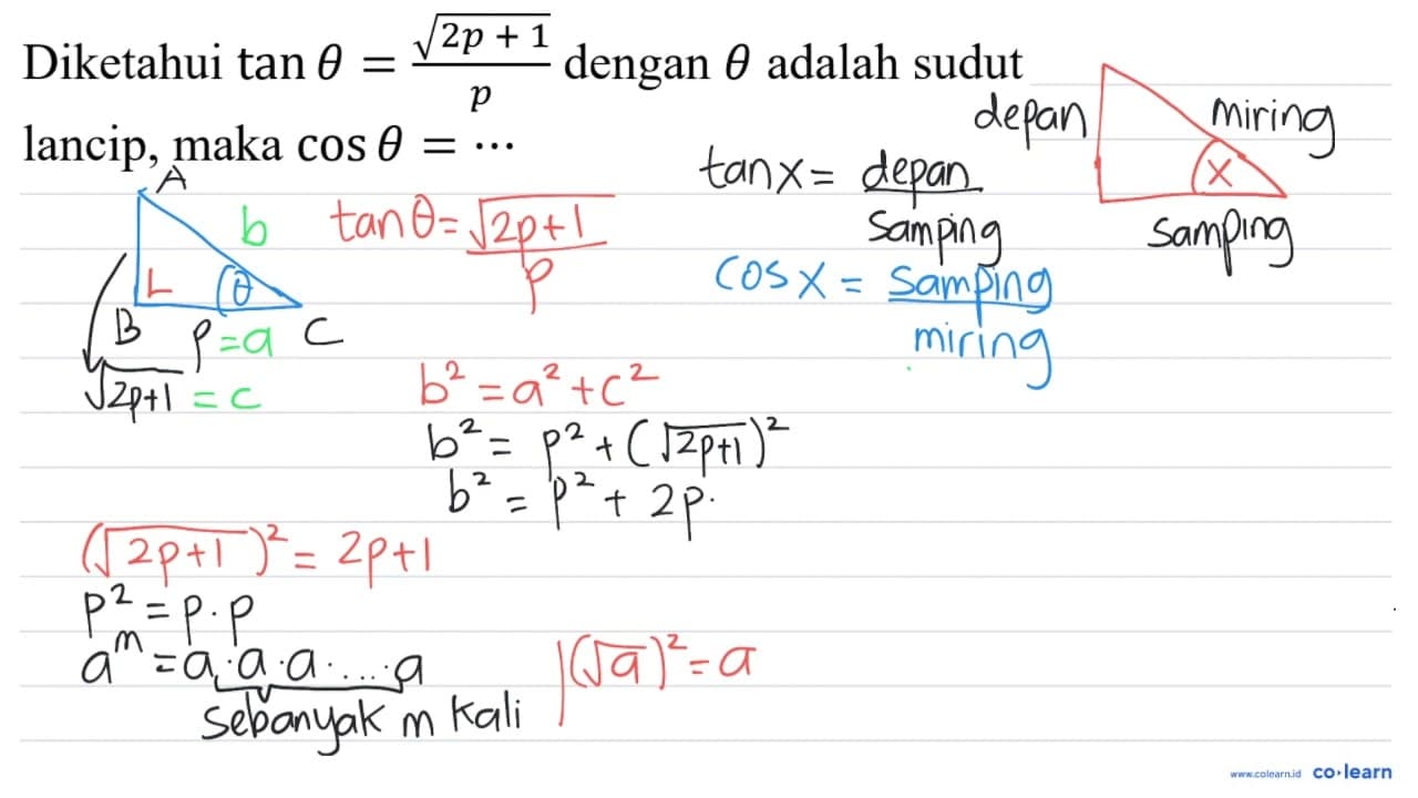 Diketahui tan theta=(akar(2 p+1))/(p) dengan theta adalah