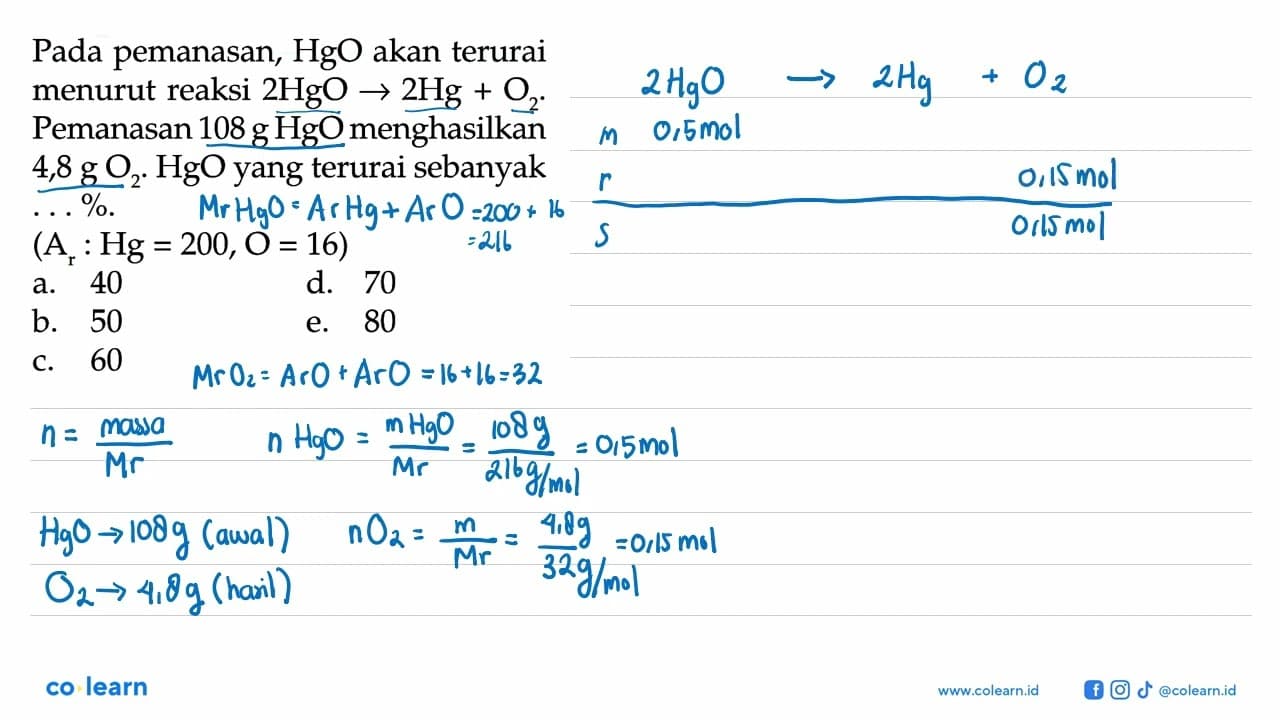 Pada pemanasan, HgO akan terurai menurut reaksi 2HgO ->