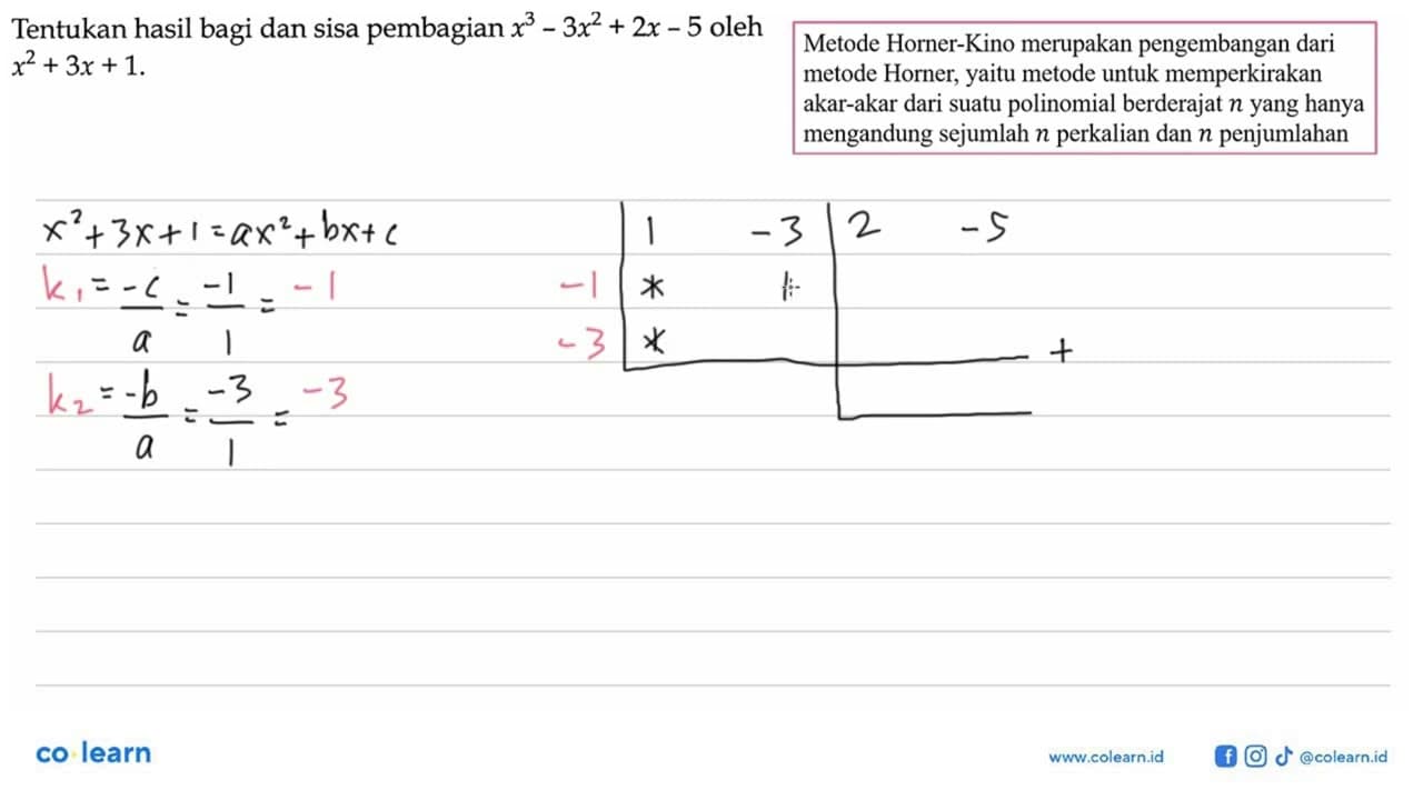 Tentukan hasil bagi dan sisa pembagian x^3-3x^2+2x-5 oleh