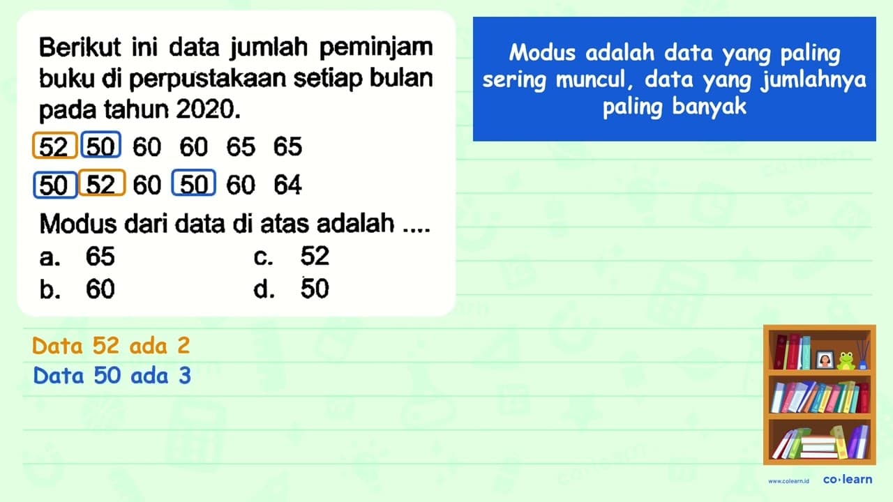 Berikut ini data jumlah peminjam buku di perpustakaan