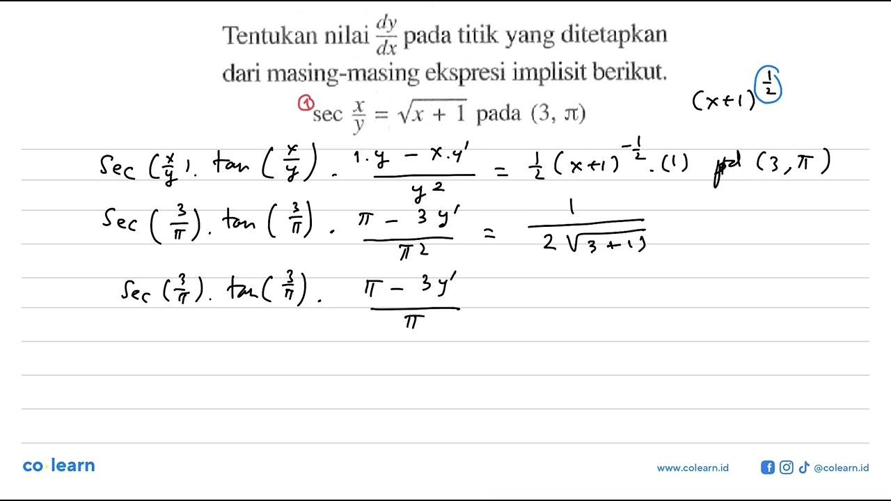 Tentukan nilai dy/dx pada titik yang ditetapkan dari