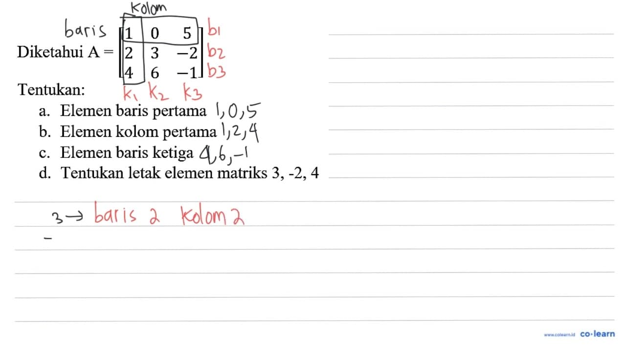 Diketahui A=[1 0 5 2 3 -2 4 6 -1] Tentukan: a. Elemen baris