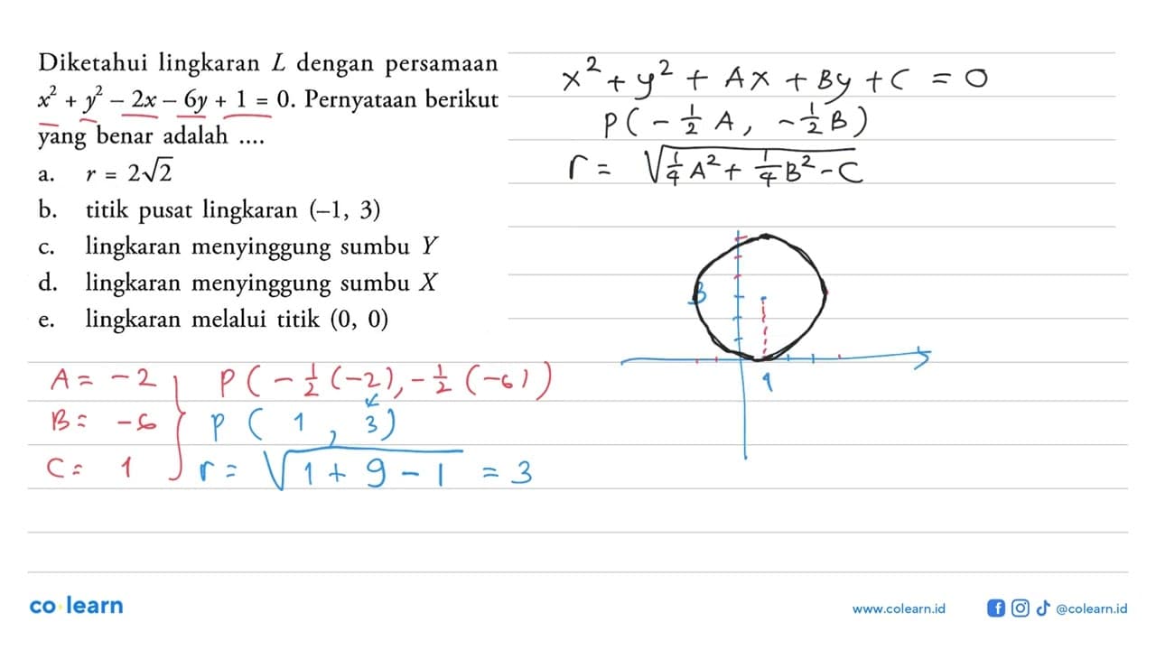 Diketahui lingkaran L dengan persamaan x^2+y^2-2x-6y+1=0.