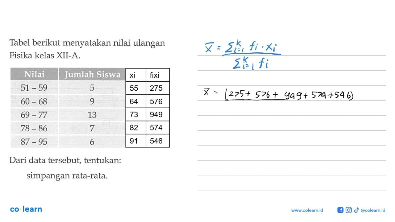 Tabel berikut menyatakan nilai ulangan Fisika kelas XII-B.