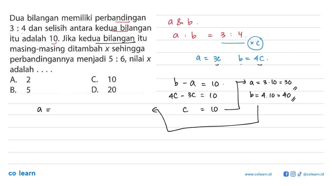 Dua bilangan memiliki perbandingan 3:4 dan selisih antara