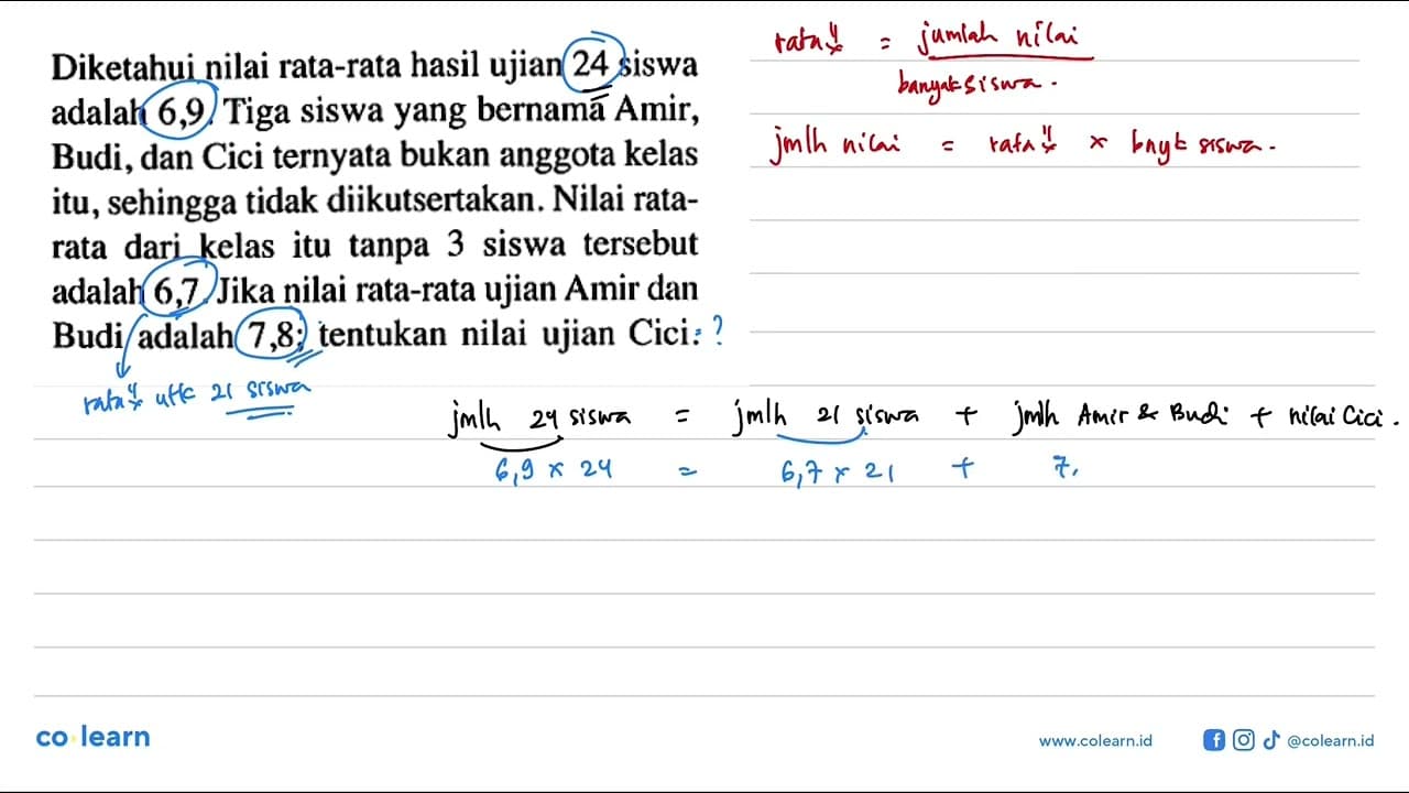 Diketahui nilai rata-rata hasil ujian 24 siswa adalah 6,9 .