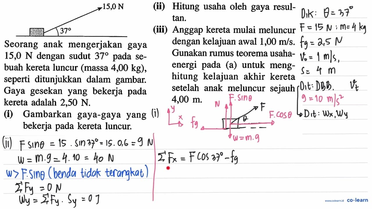 (i) Gambarkan gaya-gaya yang bekerja pada kereta luncur.