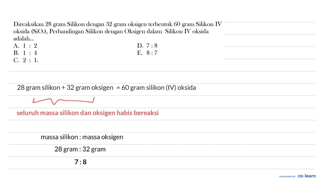 Direaksikan 28 gram Silikon dengan 32 gram oksigen