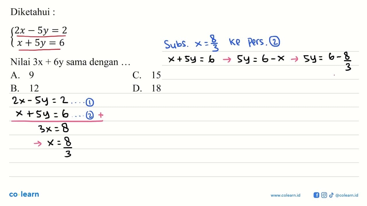 Diketahui: {2x-5y=2 x+5 y=6. Nilai 3x+6y sama dengan ...