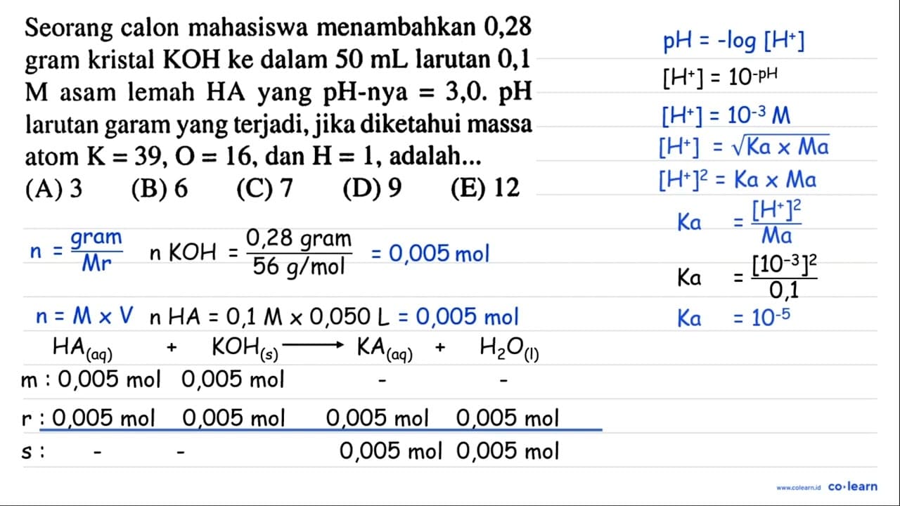 Seorang calon mahasiswa menambahkan 0,28 gram kristal KOH