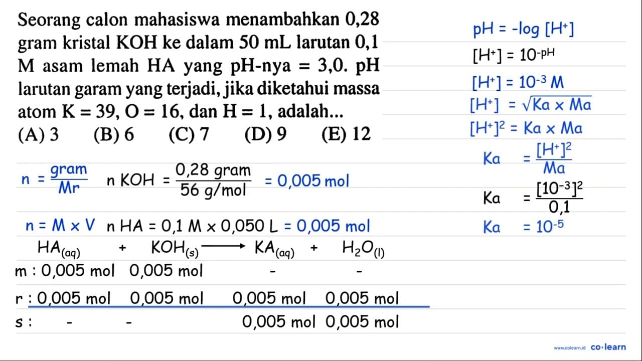 Seorang calon mahasiswa menambahkan 0,28 gram kristal KOH