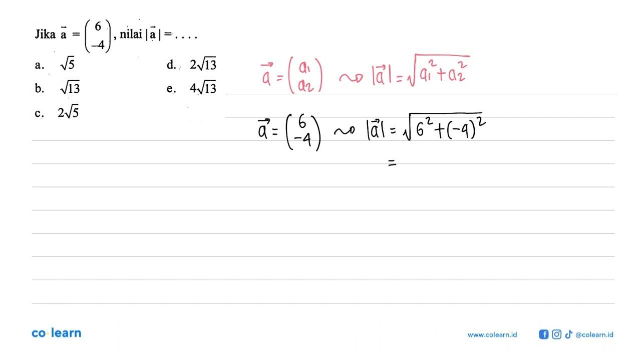 Jika a=(6 -4), nilai |a|=....