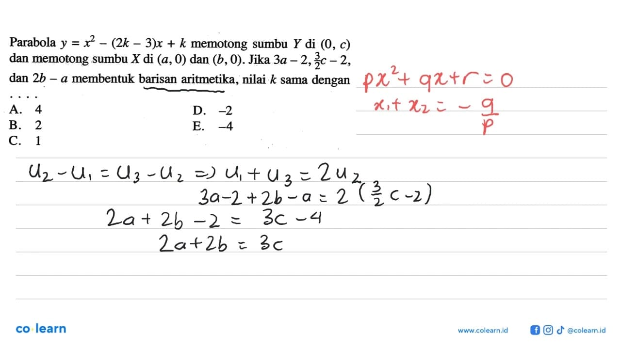 Parabola y=x^2-(2k-3)x+k memotong sumbu Y di (0, c) dan