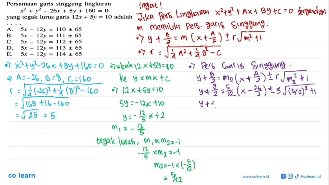 Persamaan garis singgung lingkaran x^2+y^2-26x+8y+160=0