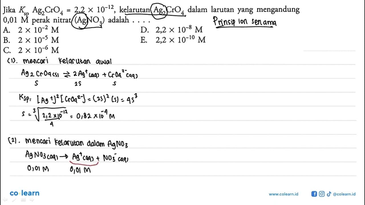 Jika Ksp Ag2CrO4=2,2 x 10^(-12) , kelarutan Ag2CrO4 dalam