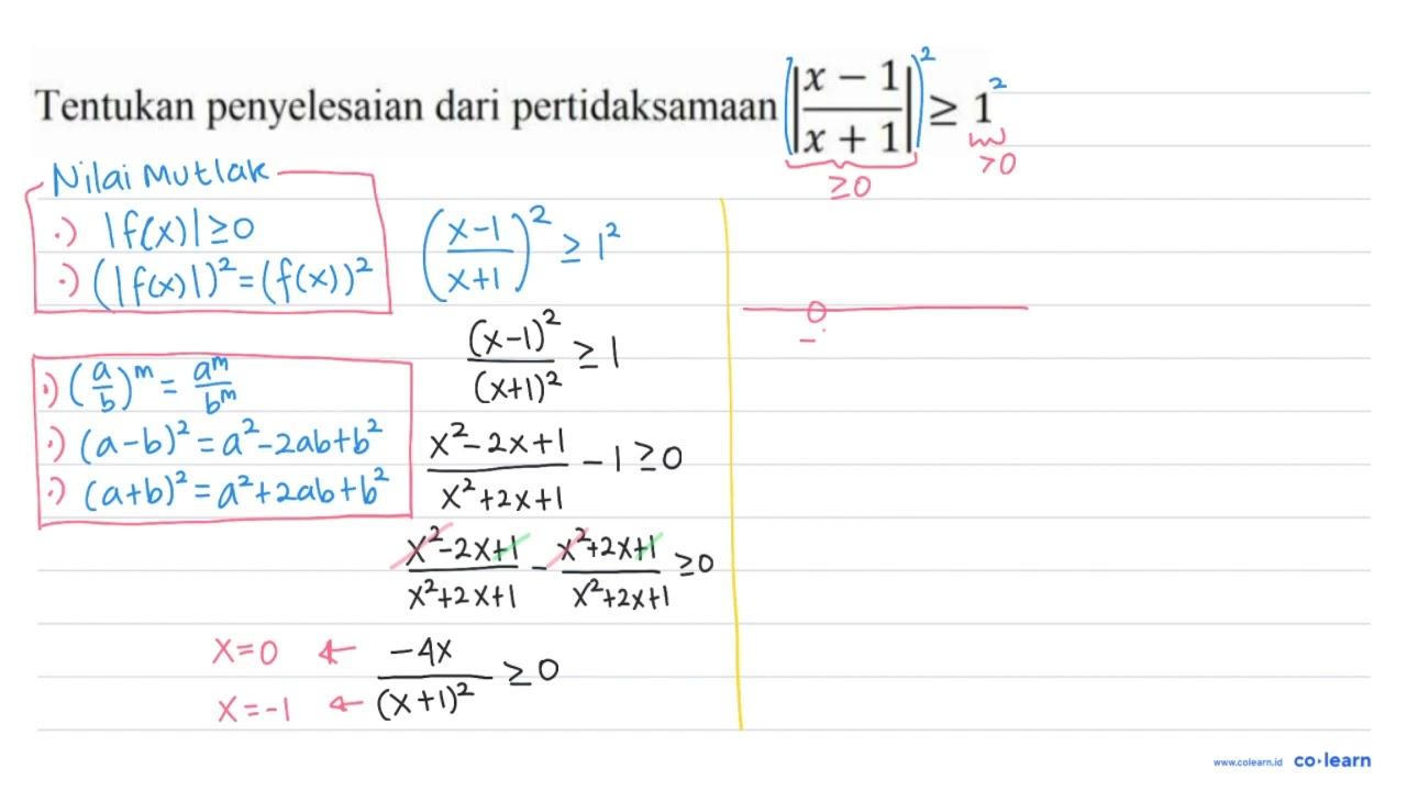 Tentukan penyelesaian dari pertidaksamaan |(x-1)/(x+1)| >=