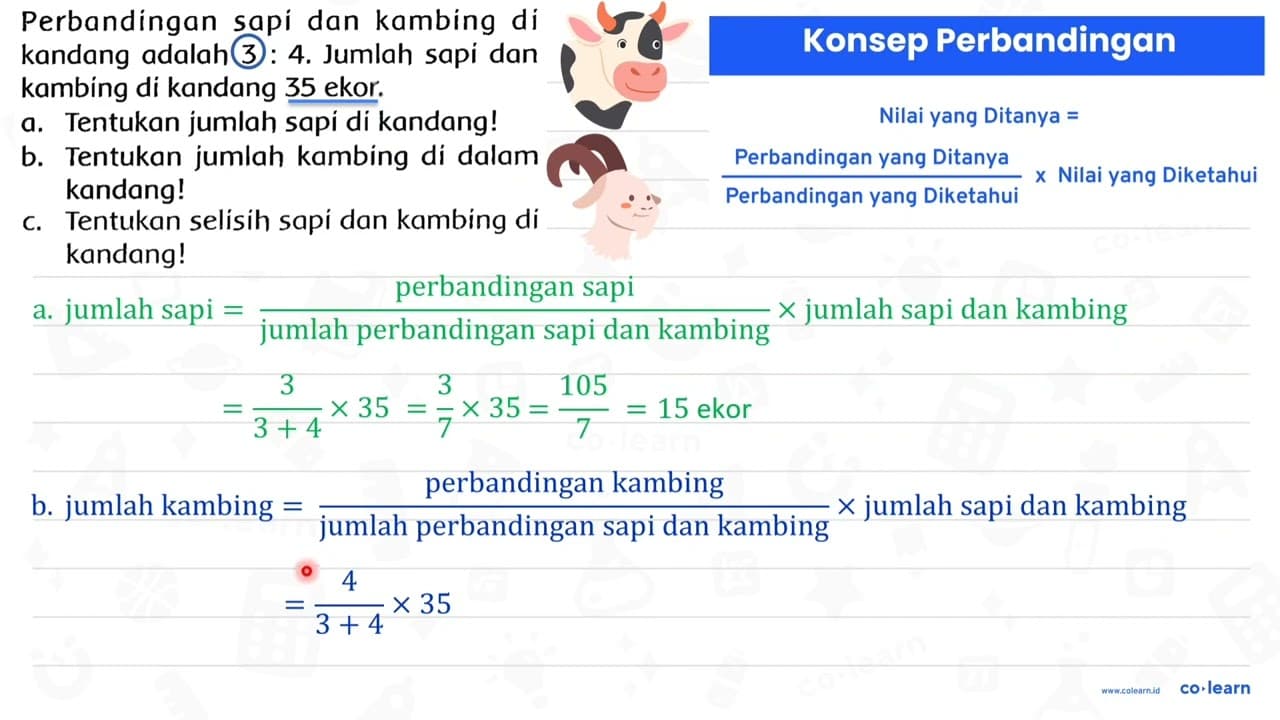 Perbandingan sapi dan kambing di kandang adalah 3: 4.