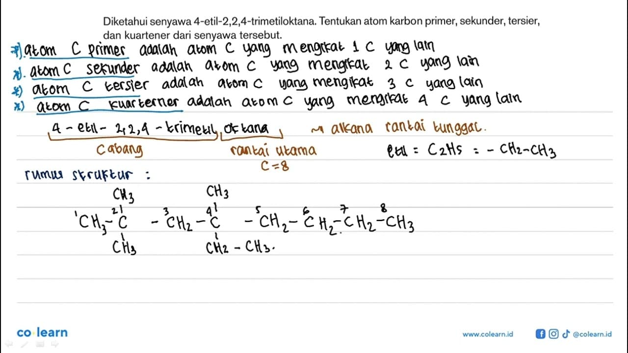 Diketahui senyawa 4-etil-2,2,4-trimetiloktana: Tentukan