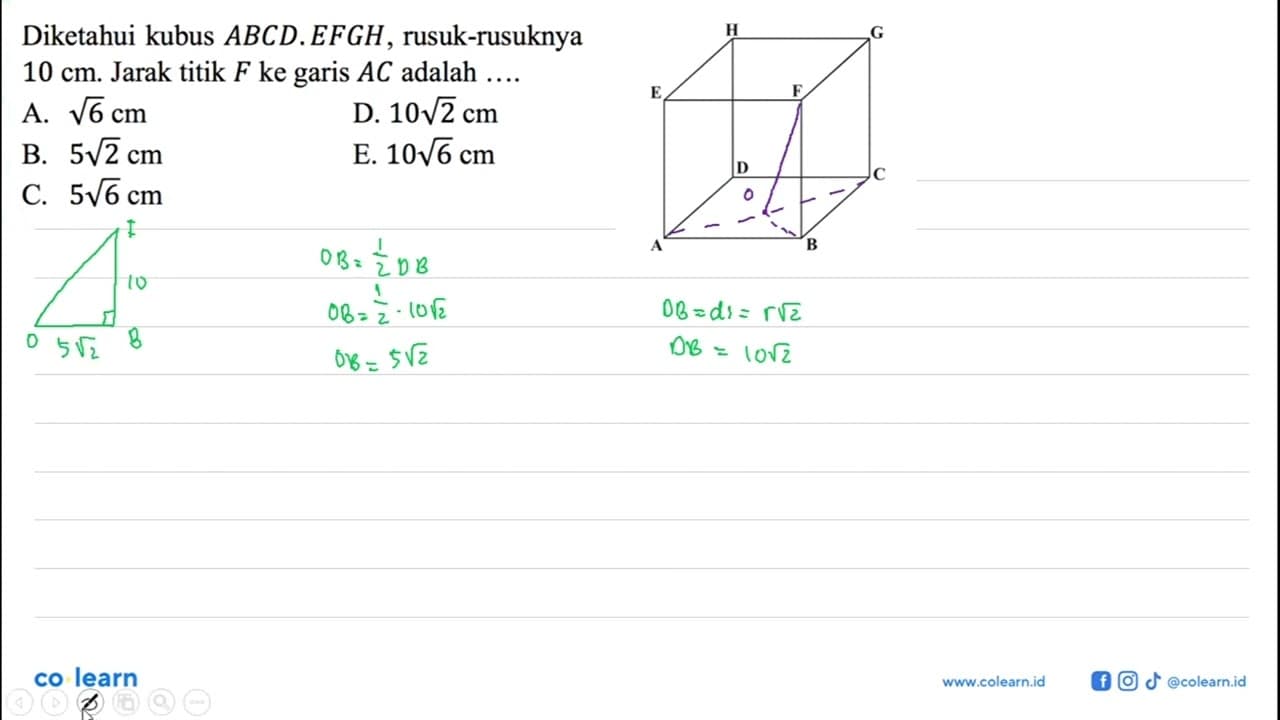 Diketahui kubus ABCD.EFGH rusuk-rusuknya 10 cm. Jarak titik