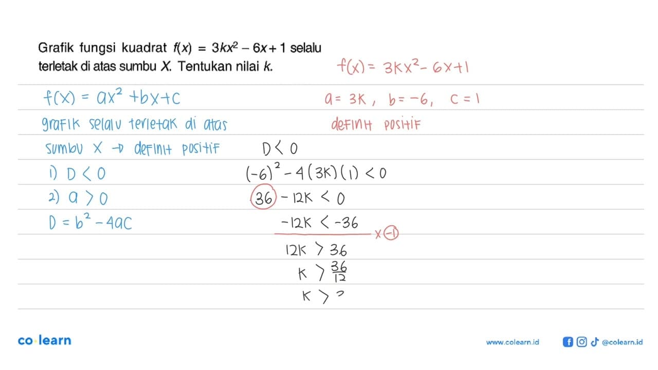 Grafik fungsi kuadrat f(x) = 3kx^2 - 6x + 1 selalu terletak