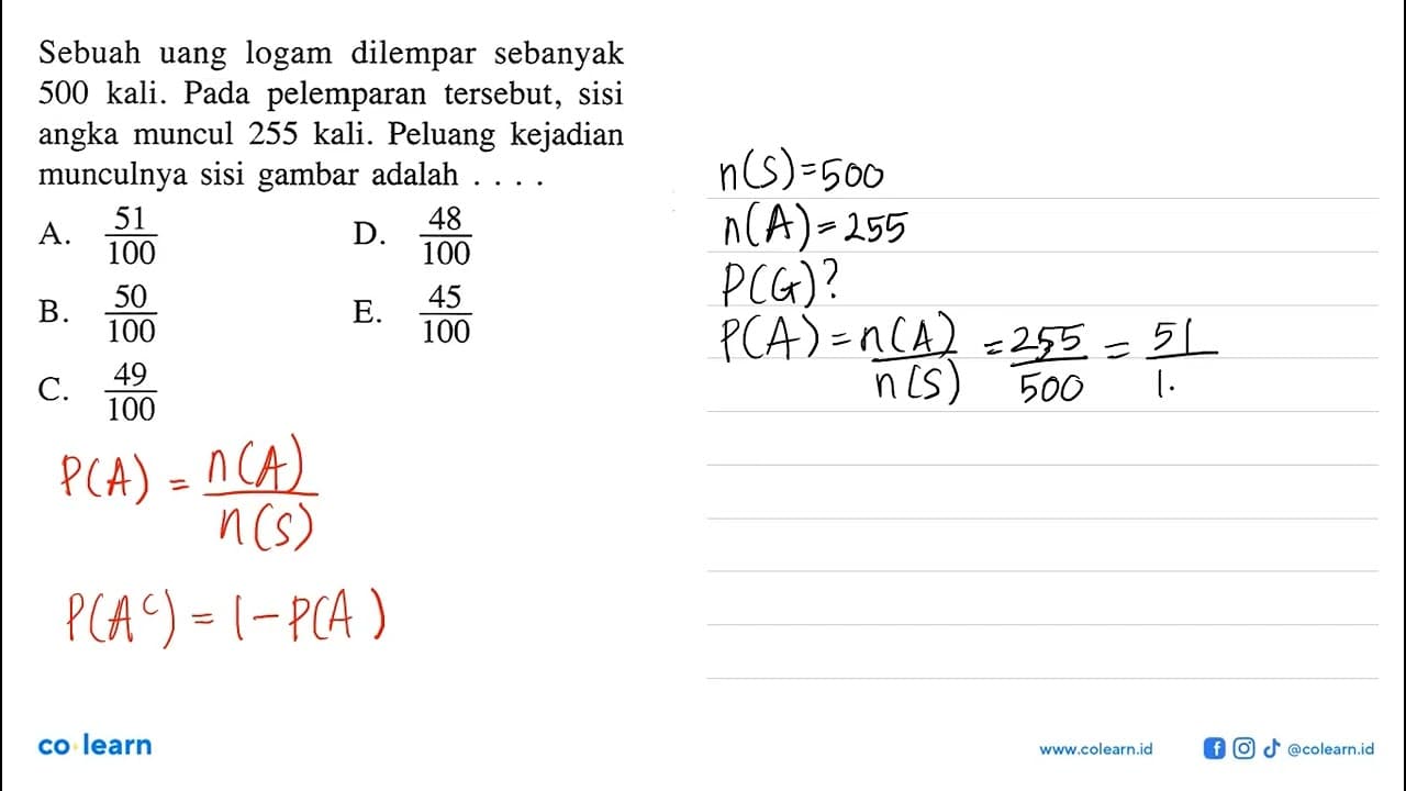 Sebuah uang logam dilempar sebanyak 500 kali. Pada