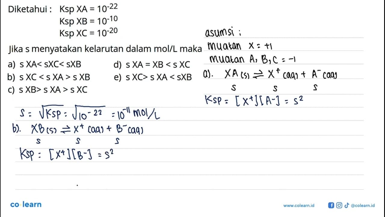 Diketahui : Ksp XA=10^(-22) Ksp XB=10^(-10) Ksp XC=10^(-20)