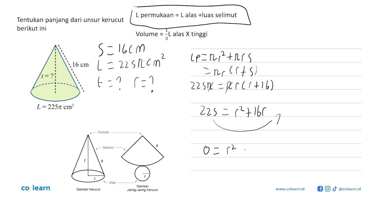 Tentukan panjang dari unsur kerucut berikut ini!L= 225 pi