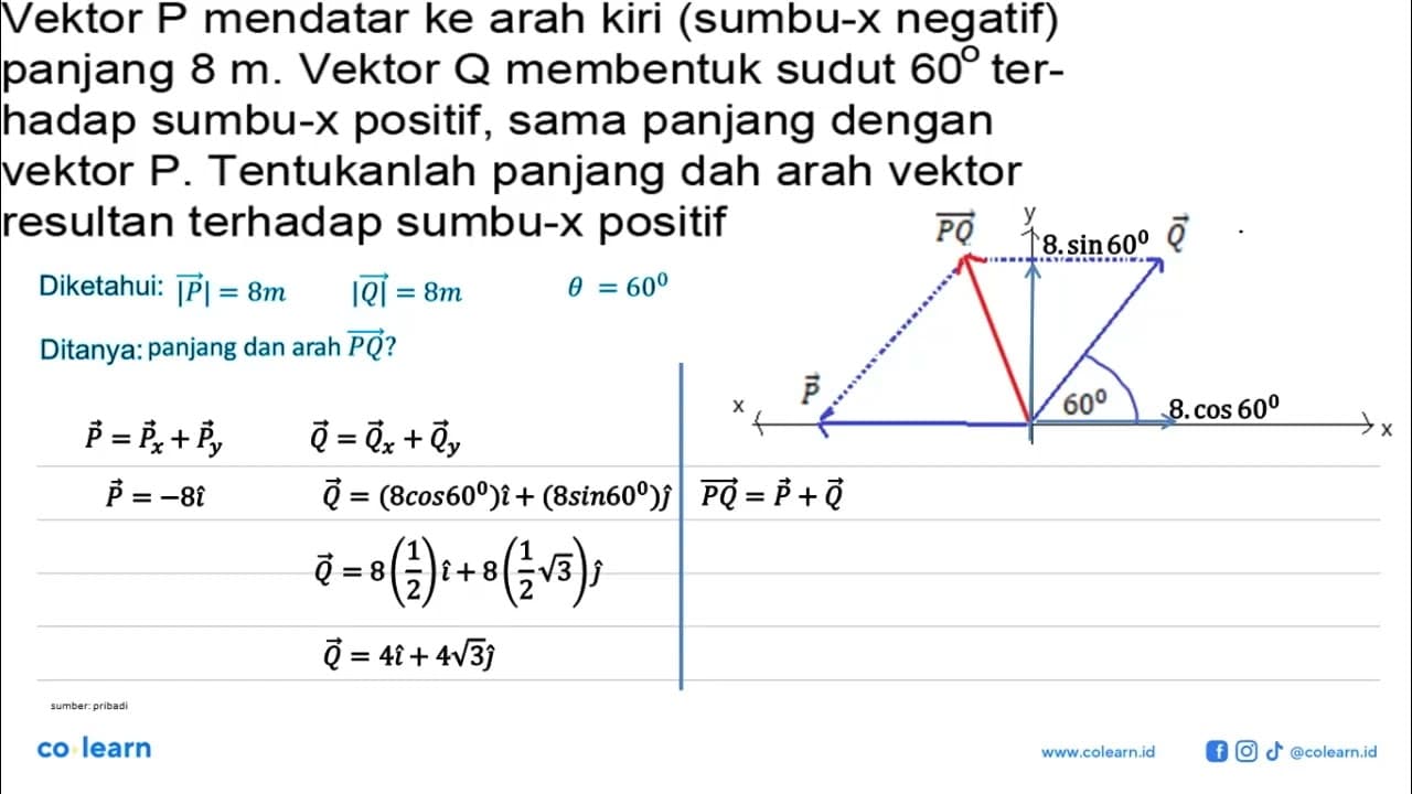 Vektor P mendatar ke arah kiri (sumbu-x negatif) panjang 8