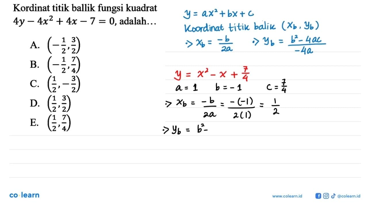 Koordinat titik balik fungsi kuadrat 4y-4x^2+4x-7=0, adalah