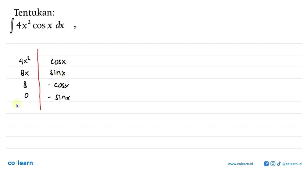 Tentukan: integral 4x^2 cos x dx