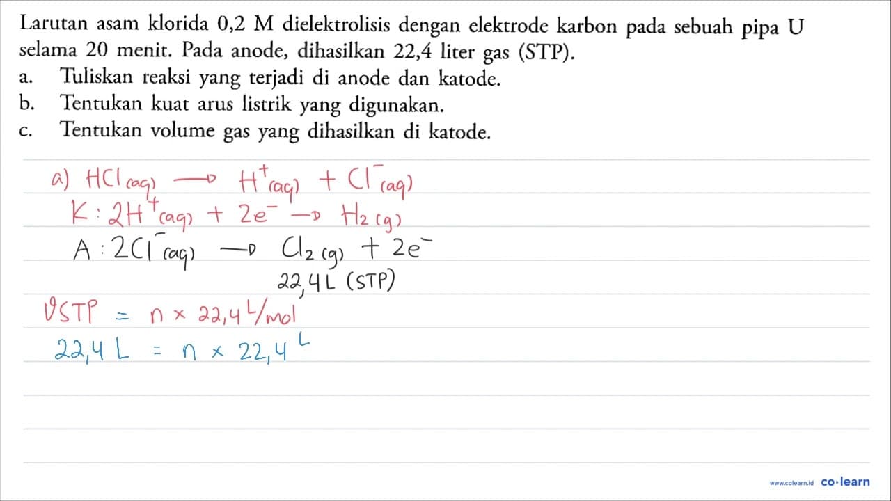 Larutan asam klorida 0,2 M dielektrolisis dengan elektrode