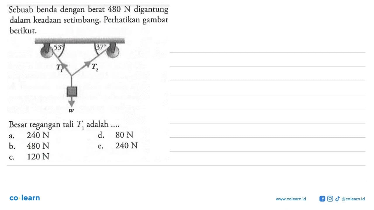 Sebuah benda dengan berat 480 N digantung dalam keadaan