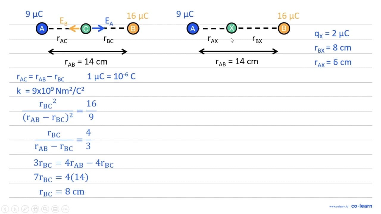Muatan A 9 mu C dan muatan B 16 mu C berjarak 14 cm satu