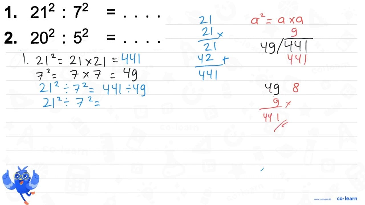 1. 21^2 : 7^2 = . . . . 2. 20^2 : 5^2 = . . . .