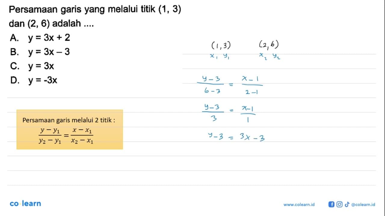 Persamaan garis yang melalui titik (1, 3) dan (2, 6) adalah