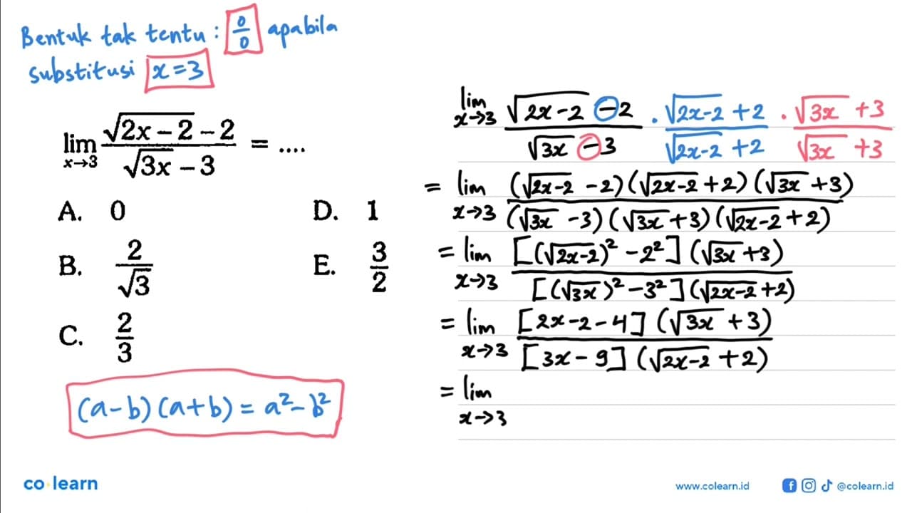 lim x->3 (akar(2x-2)-2)/(akar(3x)-3)=...