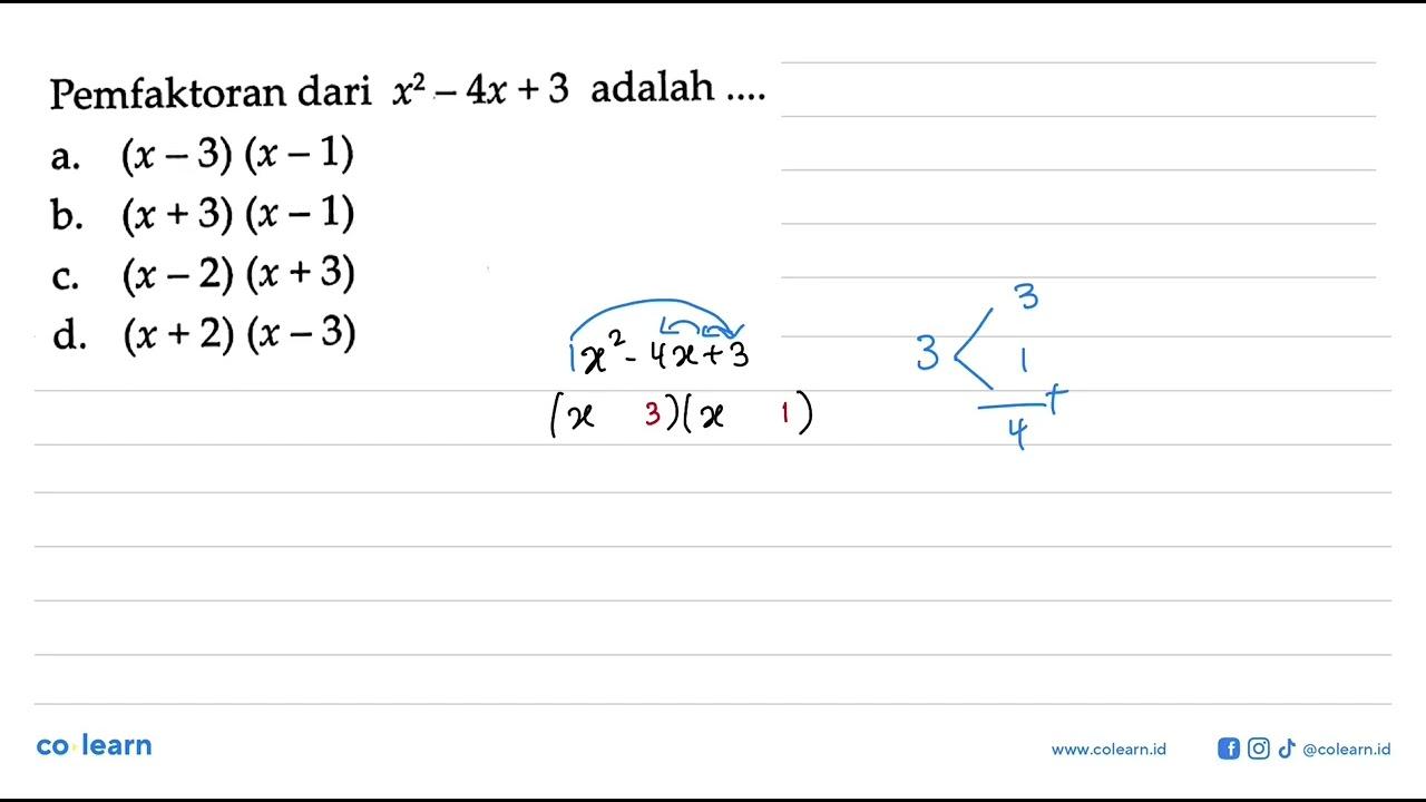 Pemfaktoran dari x^2 - 4x + 3 adalah ....