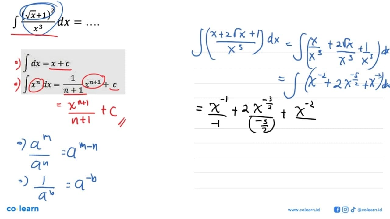 Integral (akar (x)+1)^2/x^3 dx=....